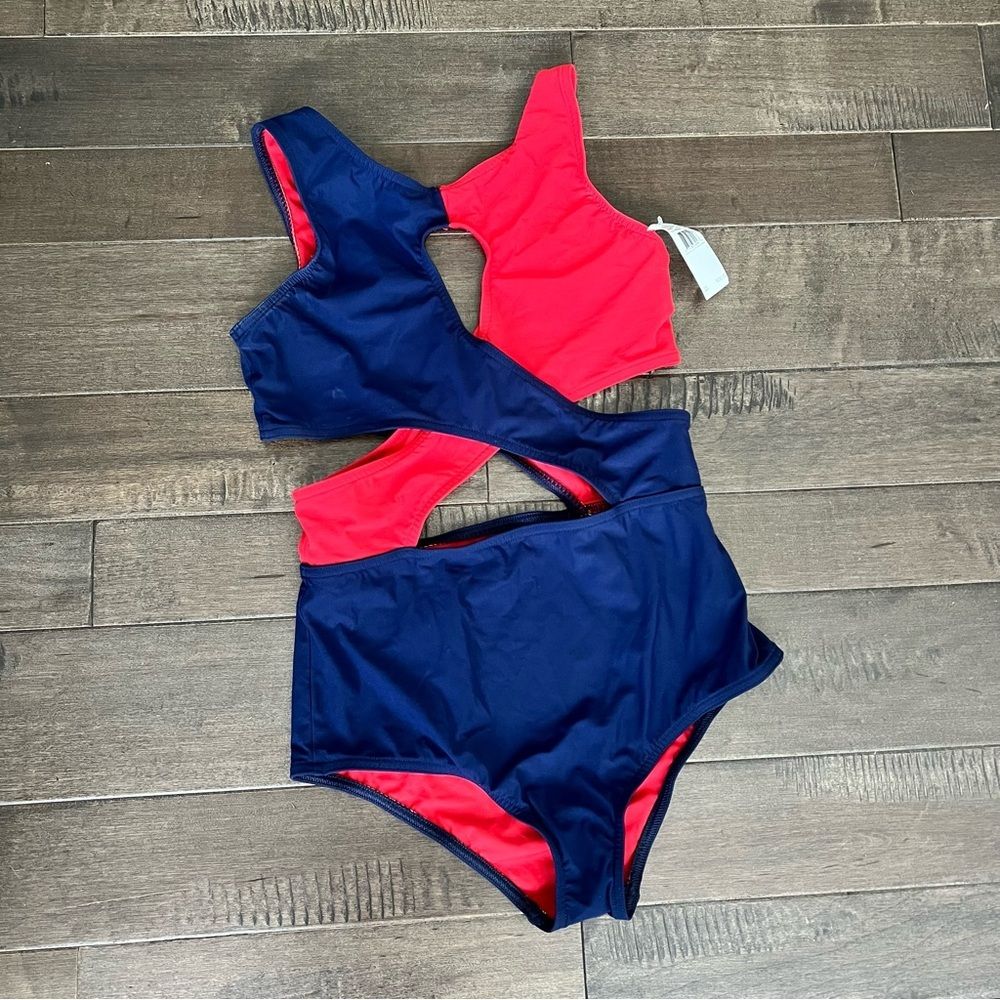 Karla Colletto Helen High-Neck Mono Red & Navy Blue One Piece Swimsuit Bathing